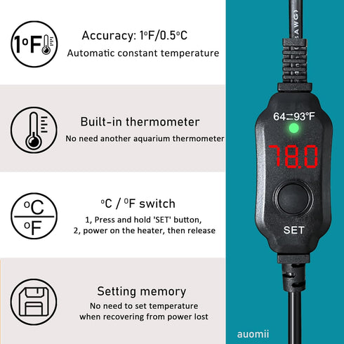 Mini Submersible Aquarium Heater, Adjustable 10/20/25/50/100/150 Watts for 1-60 Gallons