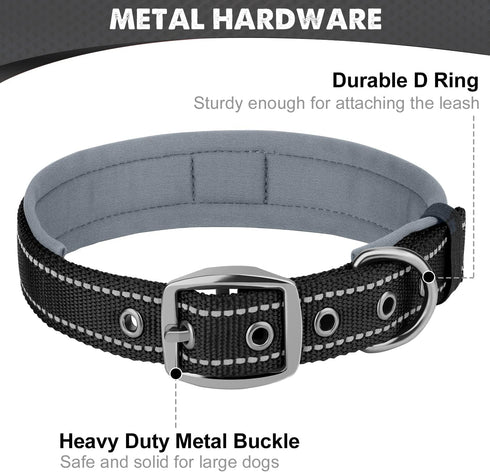 Joytale Neoprene Padded Dog Collar for Large Dogs, 11 Colors, Reflective Wide Adjustable Heavy Duty Nylon Collar, Black