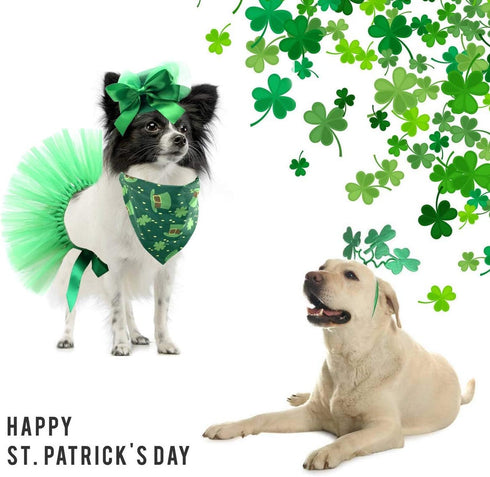 Vehomy Pet Dog Saint Patrick's Day Costume, Green Dog Top Hat, Shamrock Bandana, and Tutu Skirt for Girls