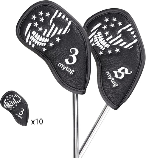 mytag Golf Skull Skeleton Head Cover - Black Leather Headcovers Set for Driver, Fairway Wood, Hybrid, Putter