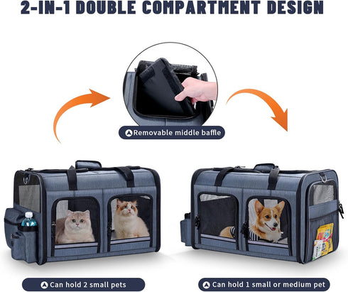 2 2 Cat Carrier for Cats, Foldable Double Cat and Dog Carrier, Small to Medium Size, Front Zippered Compartments,Two