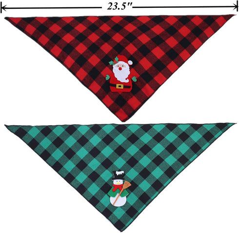 2 Pack Christmas Dog Plaid Bandana with Santa and Snowman Appliques Holiday Scarf for Pet Dog Puppy