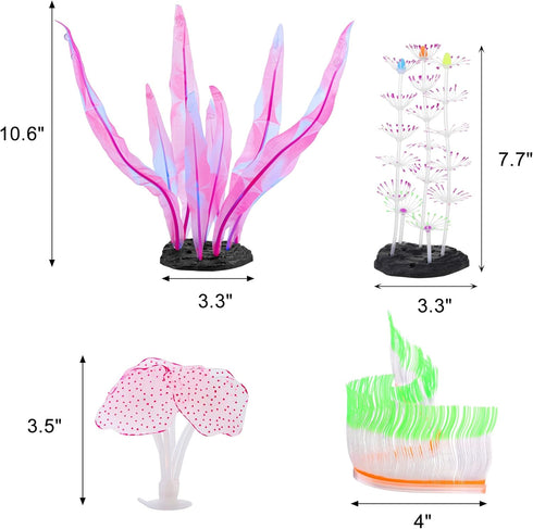 Glowing Fish Tank Decorations - 4 pcs Glow Aquarium Decorations, Glowing Mushroom Coral Plant Ornaments