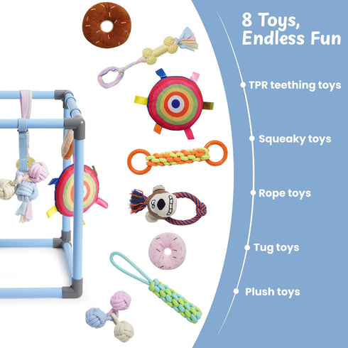 8 Nocciola Puppy Play Gym with Hanging Toys, Indoor Jungle Gym Activities Center Playground for Puppies, Squeaky Plush