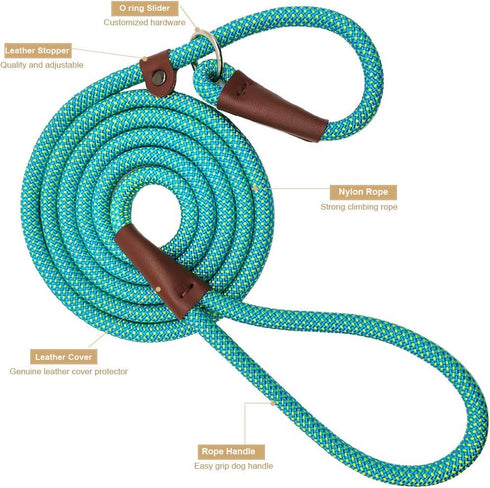 BTINESFUL 7FT Slip Lead Dog Leash, Strong Nylon Rope, 1/4 & 1/2 inch Diameter for Small Medium Large Dogs - Green Dot