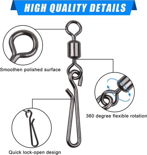 Fishing Clips Kit, 60/200pcs Quick Snaps, Barrel Snap Swivel, Rolling Swivel, Safety Snap for Freshwater Saltwater
