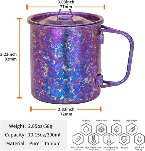 TiTo Titanium Cup with Lid, Ultralight Portable 300ml Camping Tea Coffee Water Mug for Outdoor Backpacking Hiking
