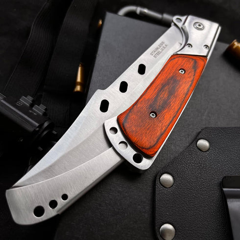 MADSABRE Tactical Folding Knife with Sheath, 12.7-in Long Blade, Rosewood Handle, Outdoor Pocket EDC Hunting Tool