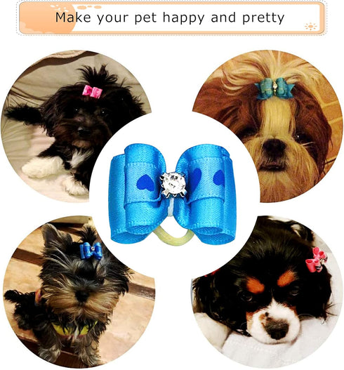 50pcs / 25Pair Small Dog Hair Bows with Rubber Bands and Rhinestones, Random Color Puppy Grooming Accessories