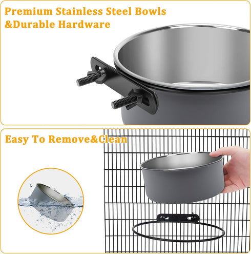 Dog Crate Bowls, 2 Pack Stainless Steel Hanging Water Food Bowls with Clamp, Anti-Spill for Small Medium Large Dogs