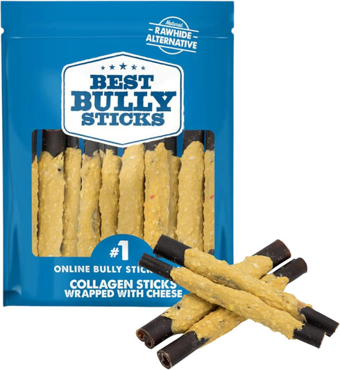 Best Bully Sticks - All Natural Cheese Wrapped Beef Collagen Sticks, 6 Inch, 12 Pack, Long Lasting Dog Chew