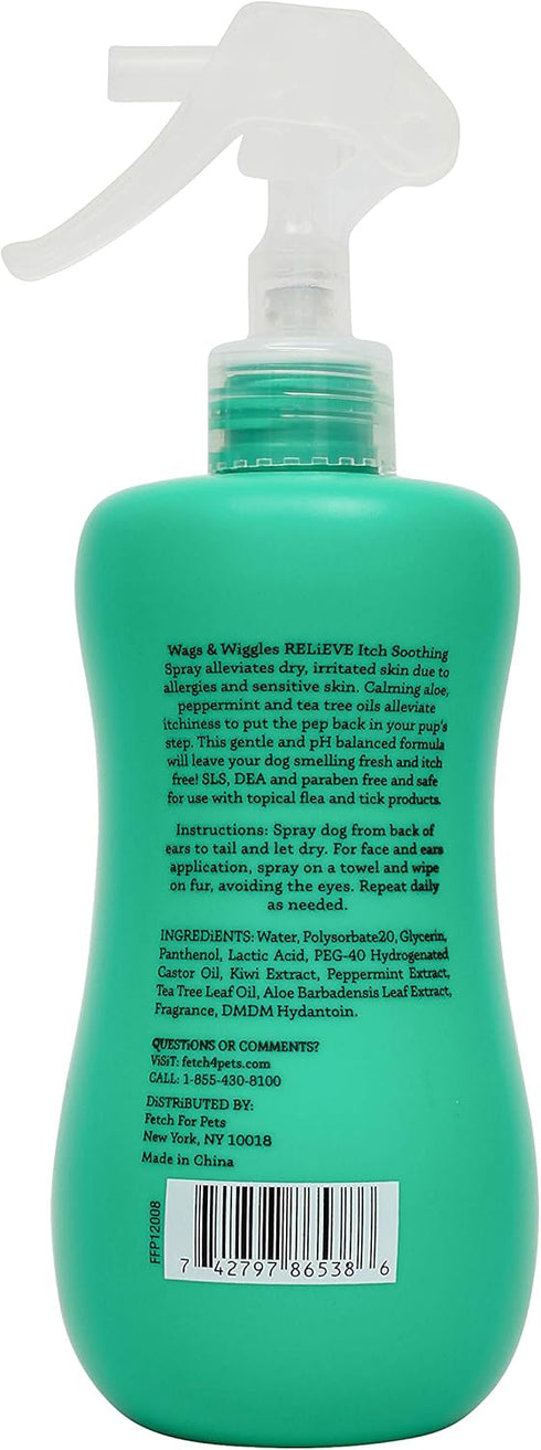 Wags & Wiggles 12 Oz Relieve Dog Anti-Itch Spray, Kiwi Scent - Waterless Dry Shampoo for Dogs With Dry, Itchy