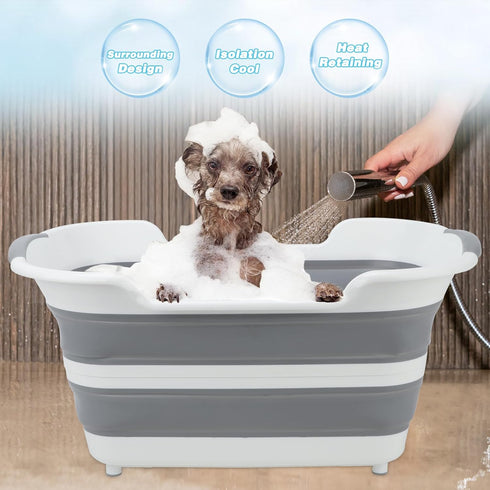 7.13 Gal/27L FHTONGE Raised Collapsible Dog Bathtub with Drain Hair Catcher, Multifunctional Pet Washtub for Small to M