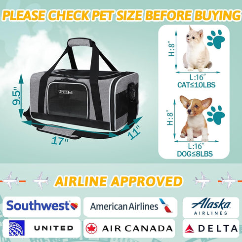 Petskd Pet Carrier 17x11x9.5, Alaska Airline Approved Travel Bag for Small Cats and Dogs, Grey
