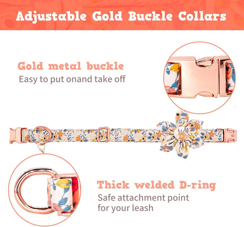 Cute Girl Dog Collar and Leash Set - Adjustable Floral Collar with Flower Bowtie and Metal Buckle for Small Medium