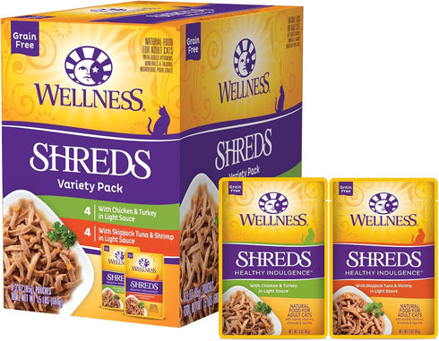 Wellness Healthy Indulgence Shreds Grain-Free Wet Cat Food, Complete & Balanced Meal, 3 oz Pouches, 8 Pack
