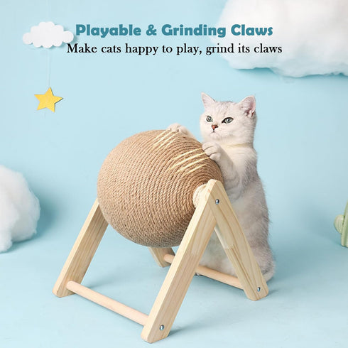 HomeSoGood Cat Scratcher Toy Cat Scratching Ball Toy Natural Solid Wood Sisal Scratching Ball Spinning Cat Ball Toy