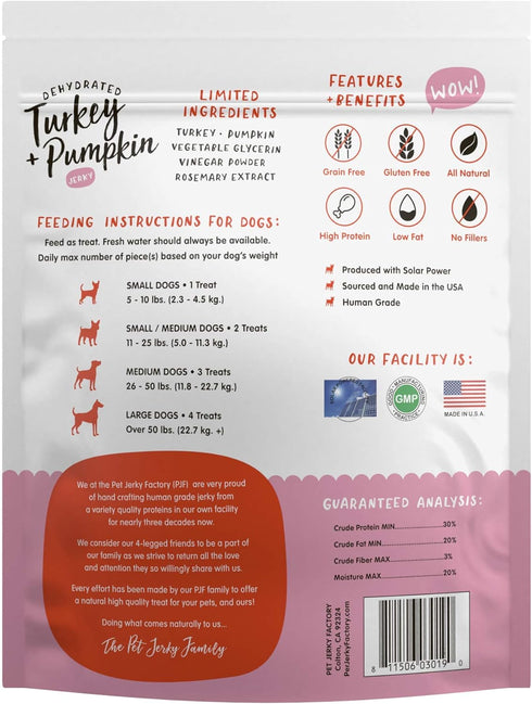 Pet Jerky Factory Turkey & Pumpkin 12 oz. Dog Jerky Treats | 100% Human Grade | USA Made | High Protein