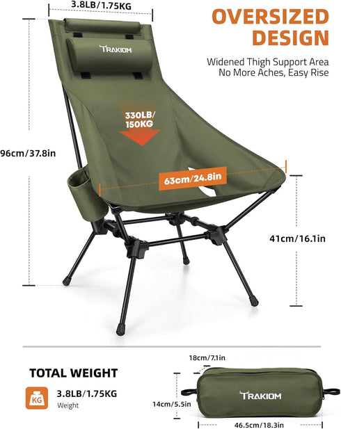 Trakiom High Back Portable Compact Camping Chair, Lightweight Green Folding Chair with Head Support & Widened Seat