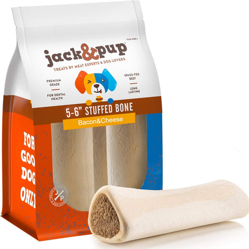 Jack&Pup Filled Dog Bones for Aggressive Chewers, 5 to 6" Chew Treats - Bacon and Cheese Flavor - All Natural