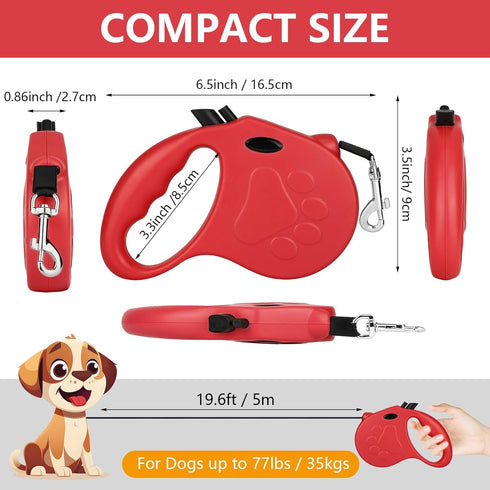 Retractable Dog Leash, 16ft Walking Leash for Small Dogs up to 77lbs, Non-Slip Handle - Red