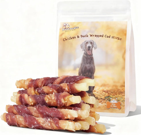 Pawmate Triple Flavor Dog Treats, Chicken Duck Wrapped Cod Sticks, Rawhide-Free Grain-Free
