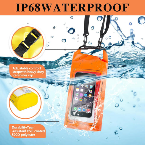 IP68 Waterproof Dry Bag, 2L - Roll Top Waterproof Pool Bag with Phone Pouch, Boating & Kayak Accessories (Orange)