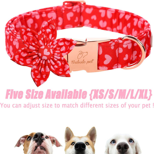 Valentine's Day Dog Collar with Flower Tie, Adjustable Pink Red Collar for Small Medium Large Dogs