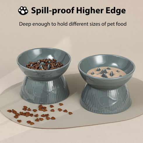 Elevated Slow Feeder Bowl for Cats and Small Dogs, Ceramic Anti-Tipping & Spill-Proof, Easy to Clean, No Black Chin