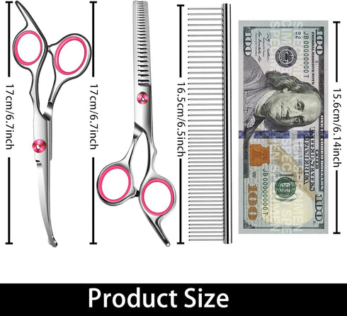 Pink Dog Grooming Scissors with Safety Round Tip,Pet Grooming scissors Kit,Dog Shears for Grooming,Incude Thinning,Curved Grooming Scissors and Comb for dogs, cats.Suitable for The Right Hand by wikdey