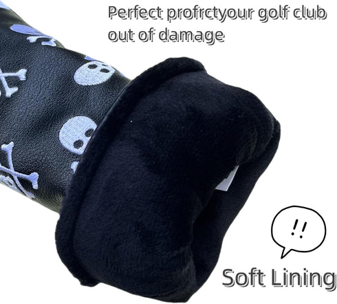 Golf Club Headcover for 3 Wood, Hybrid, Skulls Embroidery, Premium Leather, Magnetic Closure