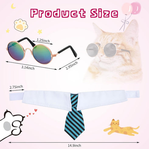 8 Pcs Pet Dog Cat Costume Halloween Dog Neck Tie Dog Sunglasses for Small Dog Cat Round Metal Classic Retro Sunglasses Tie Pet Costume Tuxedo Necktie Collar Puppy Accessories Halloween Cosplay Party