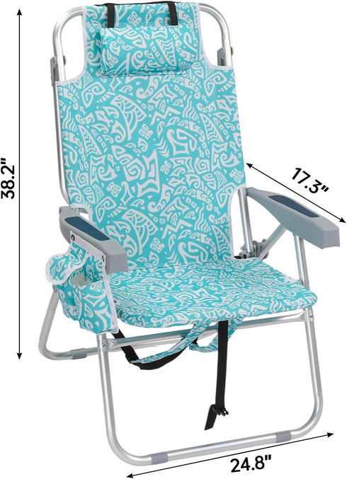 Pinikuyiro Backpack 5-Position, Folding Tall Beach Chair Lightweight, Beach Chair for Adults with Cooler Bag, Cup