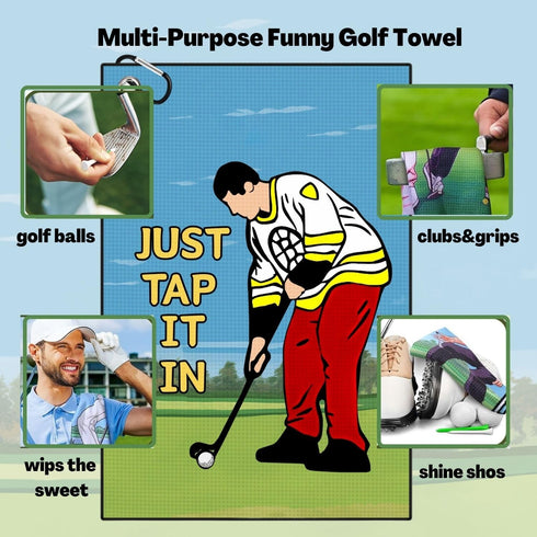 Funny Printed Golf Towel with Clip, Golf Gift for Men, Husband, Boyfriend, Dad - Just Tap It in