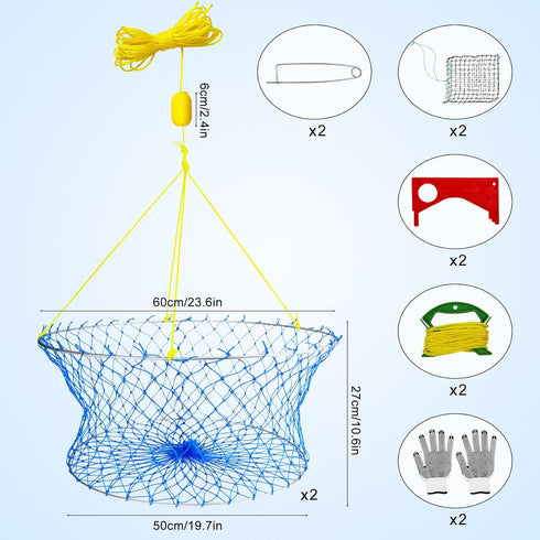 PIQUATOOL 2 Sets Crab Ring Trap Kit Fishing Hoop Net,Foldable Lobster Crab Pots for Crabbing with Measuring Tool