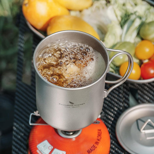 iBasingo 420ml Titanium Mug without Lid, Ultra-light Portable Outdoor Camping Pot, Hiking Drinkware with Foldable