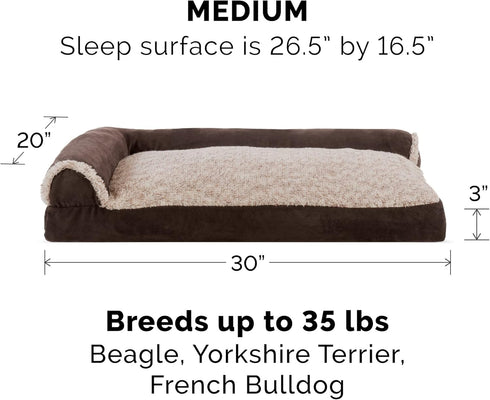 Furhaven Pillow Dog Bed for Medium/Small Dogs - Removable Bolsters & Washable Cover, Two-Tone Plush Faux Fur Chaise,