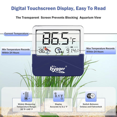 hygger Digital Aquarium Thermometer Records Max Min Temperature Sensor Gauge with LCD Display Stickable Fish Tank