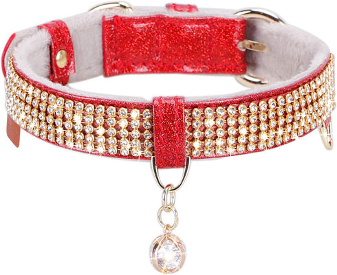 PetsHome Adjustable Cat and Dog Collar, Bling Rhinestones, Premium PU Leather with Pendant, Medium Red