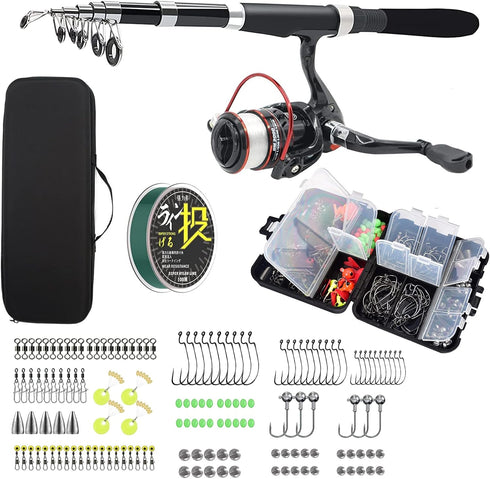 Fishing Pole Combo Set, 2.1m/6.89ft with 145pcs Fishing Accessories Kit, Collapsible Rods & Spinning Reel