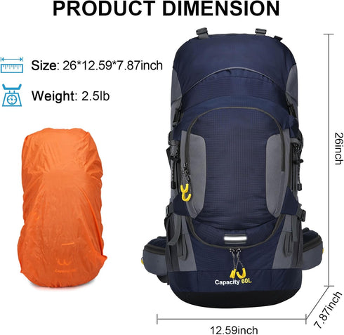 ShowyLive 60L Waterproof Hiking Backpack for Men - Durable, Lightweight with Rain Cover and Adjustable Straps, Blue