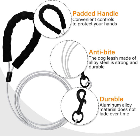 Heavy Duty Dog Leashes with Chew Proof and Comfortable Padded Handle 4/5/6 FT, Steel Metal Safety Lead Rope with Retractable Buckle for Large or Medium Dogs Walk and Train -Silvery(6FT)