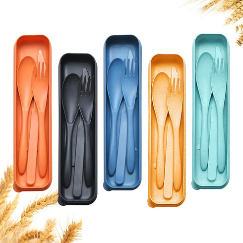 Reusable Travel Utensils Set with Case, 5 Sets Wheat Straw Portable Cutlery for Kids and Adults