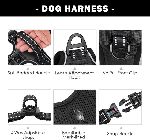 PHOEPET No Pull Dog Harnesses for Small Dogs, Reflective Adjustable Front Clip Vest with Handle, 2 Metal Rings, 3
