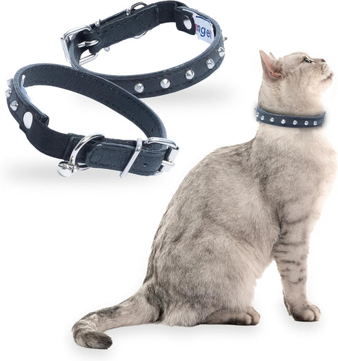 Studded Cat Collar, Genuine Leather Kitten Collar, Midnight Black, 12 x 1/2 inches, Breakaway with Bell