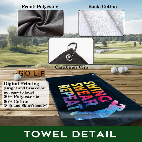 Swing Swear Repeat Funny Golf Towel, Polyester and Cotton Blend, Golf Gifts for Men, Husband, Boyfriend, Dad
