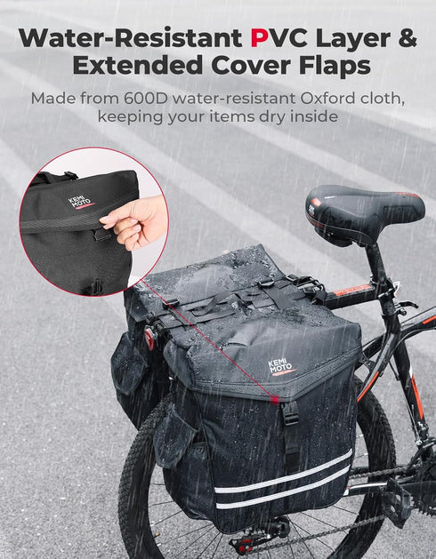 KEMIMOTO 40L Bike Panniers Bag for Rear Rack, Waterproof with Rain Cover, Black