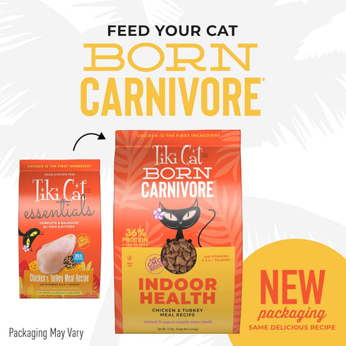 Tiki Cat Born Carnivore Indoor Health, Chicken & Turkey Meal, Dry Cat Food, Grain-Free Baked Kibble, 12 lbs. Bag