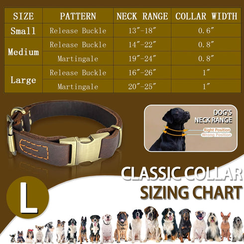Leather Dog Collar with Metal Quick Release Buckle, Soft Genuine Cowhide, Adjustable for Small Medium Large Dogs (L,
