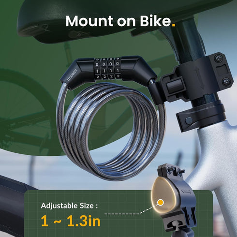 Titanker Bike Lock Cable, 4 Feet Basic Self Coiling Kids Bike Lock with Mounting Bracket (Black-8mm)